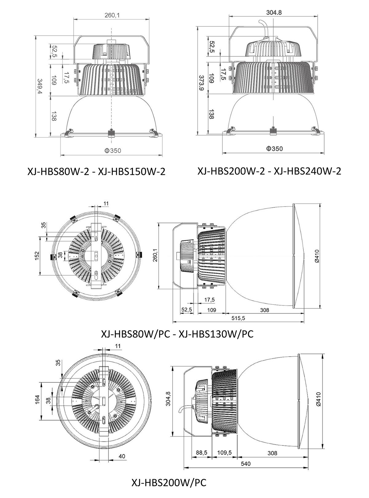 HBS SERIES LED High Bay Light Dimension